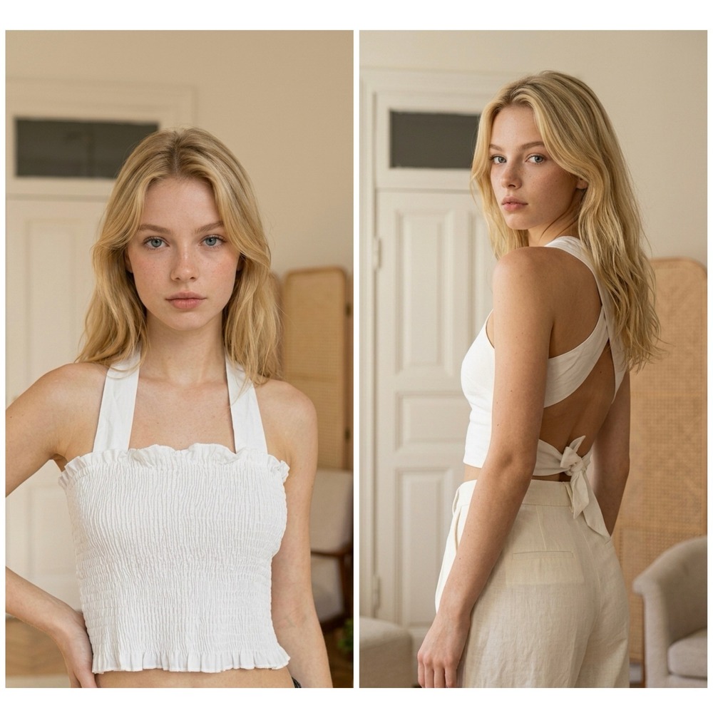 Burans Dayla White Smocked Ruffle Halter Open Back Tie Crop Top 8 Babydoll NEW